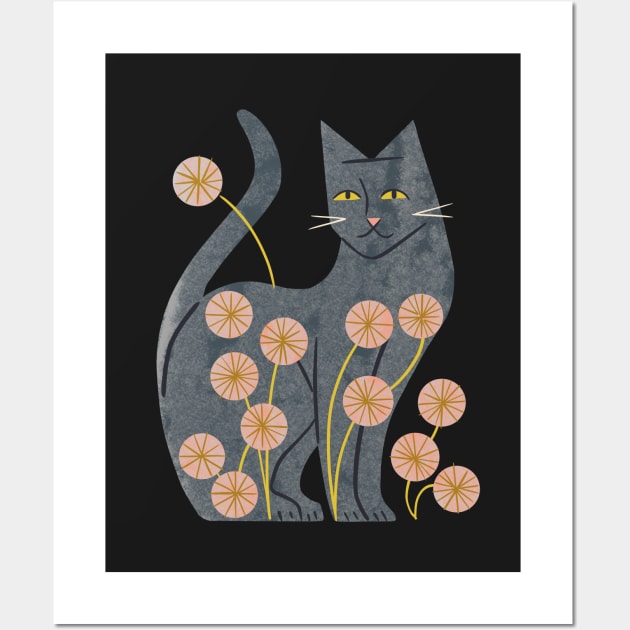 Gray Cat And Flowers Wall Art by Renea L Thull